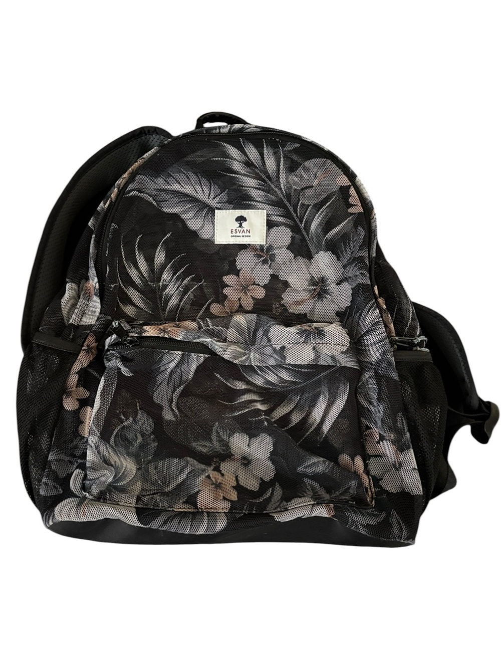 ESVAN Backpack Black Gray Floral Print Mesh See-Through Unisex